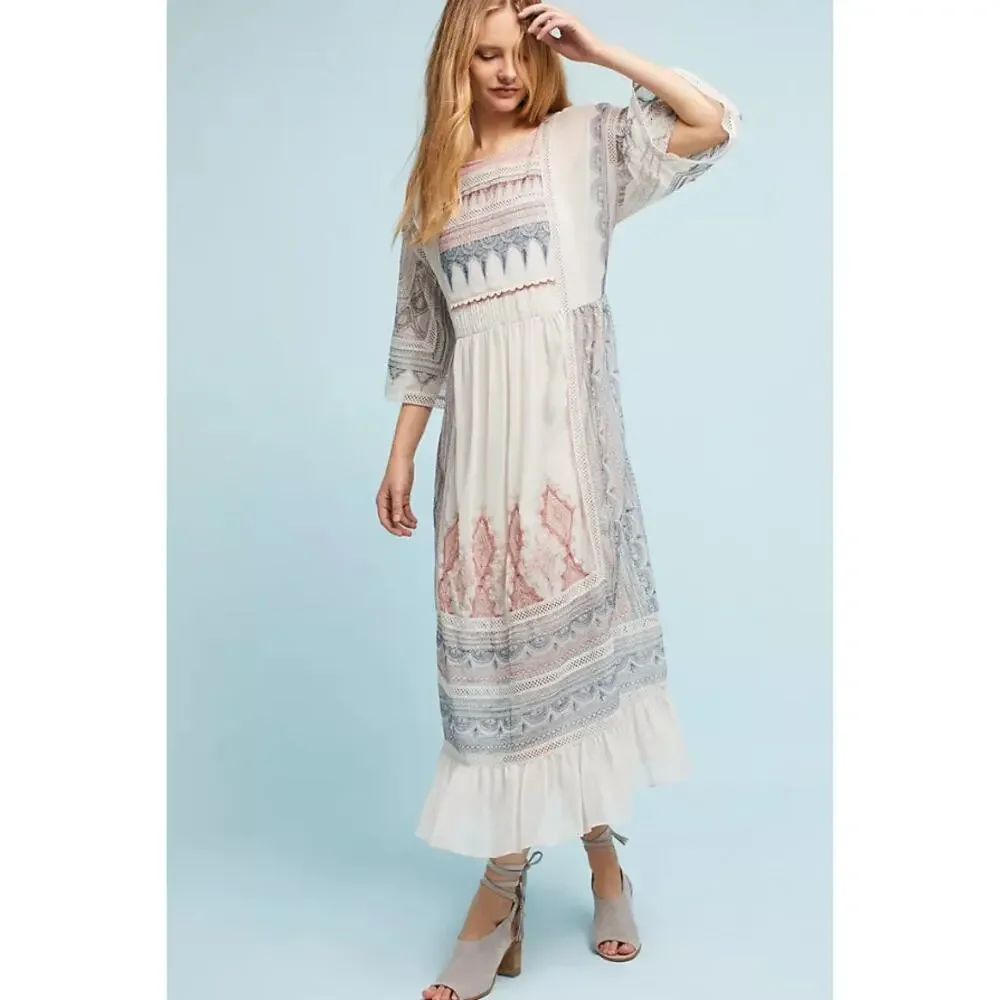 Maeve Cream Boho Midi Dress with Blue and Rust Accents - Picture 7 of 10